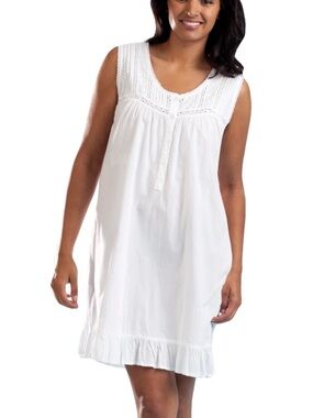 La Cera 100% Cotton Embroidered Scoop Neck Chemise Night Gown White Sz S